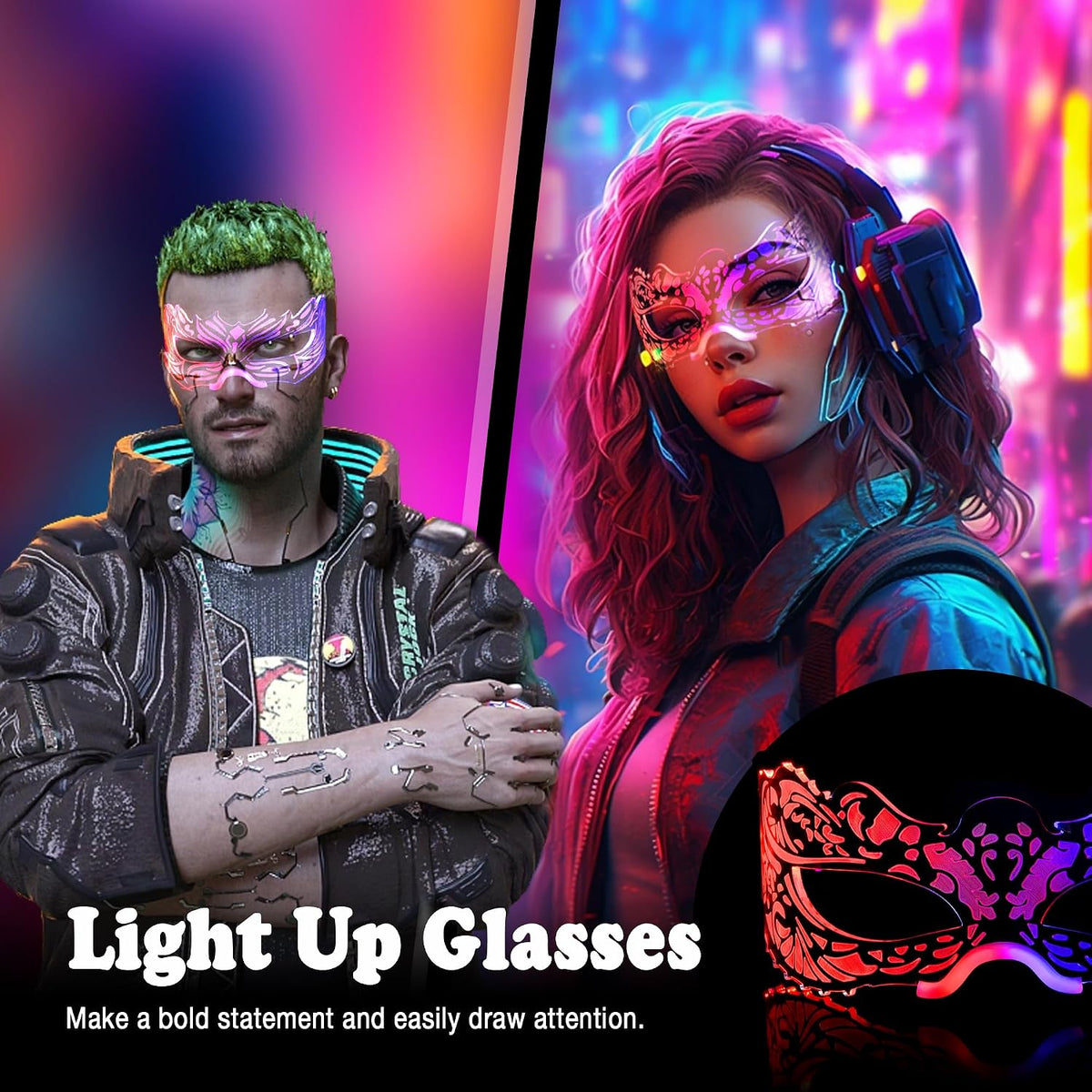 Electric Allure Neon Fright LED Rave Glasses – Halloween Light-Up Party Eyewear