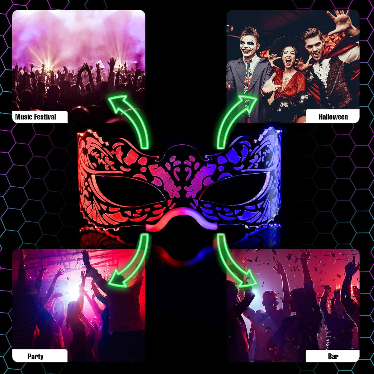 Electric Allure Neon Fright LED Rave Glasses – Halloween Light-Up Party Eyewear